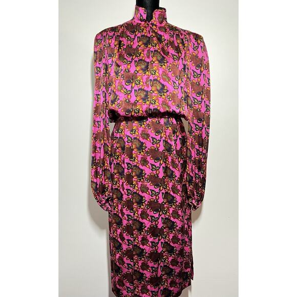 VTG Michel Goma Saks Vibrant Pink Floral Silk Long Slv Dress France 42 US M/L - Picture 1 of 11